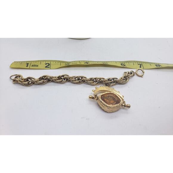 Vintage German Gold Chain Bracelet & Spinning Cameo Amber Glass Intaglio - Picture 6 of 10